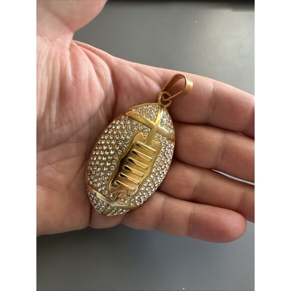 Football Pendant Chain Stainless Steel Super Bowl Gift Men’s Cubic Zirconia Gold - Picture 4 of 6